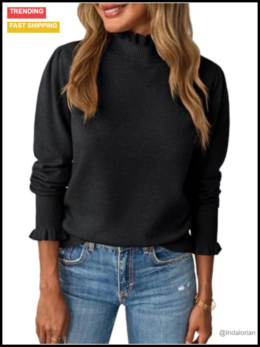 Ruffle Mock Neck Puff Sleeve Knit Pullover Sweater